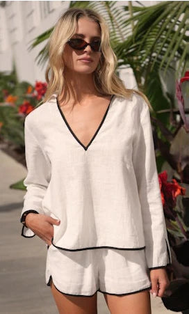 Beverly Linen Split Neck Collar Top