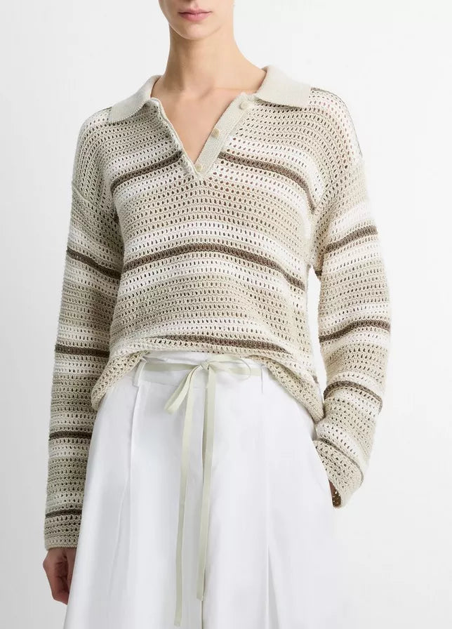 Mesh Stripe Cotton Polo Sweater