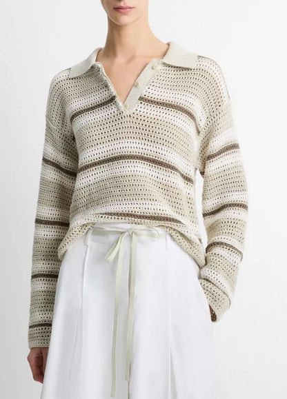 Mesh Stripe Cotton Polo Sweater